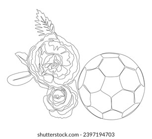 One continuous line of football ball with rose flowers. Thin Line Illustration sport vector concept. Contour Drawing Creative ideas.