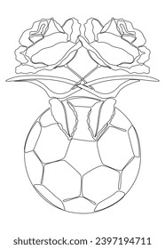 One continuous line of football ball with rose flowers. Thin Line Illustration sport vector concept. Contour Drawing Creative ideas.