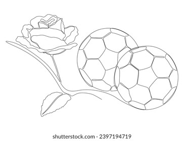 One continuous line of football ball with rose flowers. Thin Line Illustration sport vector concept. Contour Drawing Creative ideas.