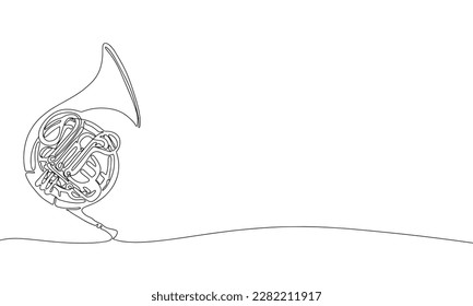 One continuous line of French horn. Simple element illustration. Line art vector illustration. Waldhorn 