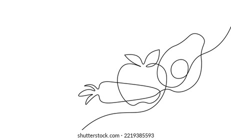 One continuous line fresh avocado carrot tomato icon. Vegetables salad fruit healthy lifestyle symbol template. Organic local market vector illustration