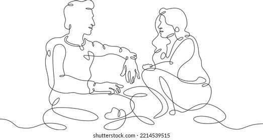 One continuous line. Friends conversation. Meeting of acquaintances. Communication with loved ones. One continuous line is drawn on a white background.