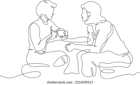 One continuous line. Friends conversation. Meeting of acquaintances. Communication with loved ones. One continuous line is drawn on a white background.