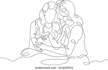 One continuous line. Friends conversation. Meeting of acquaintances. Communication with loved ones. One continuous line is drawn on a white background.