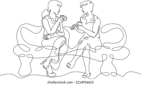 One continuous line. Friends conversation. Meeting of acquaintances. Communication with loved ones. One continuous line is drawn on a white background.