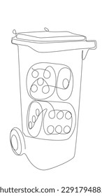 Una línea continua de Papelera de Basura con dados. Concepto vectorial de Ilustración de líneas delgadas. Contour Drawing Ideas Creativas.