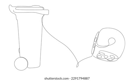 One continuous line of Garbage Bin with Dice. Thin Line Illustration vector concept. Contour Drawing Creative ideas.
