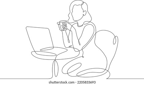 One continuous line.The girl drinks coffee at the laptop. Working on a laptop at a table in a cafe. Distant work. Woman at breakfast.One continuous line is drawn on a white background.