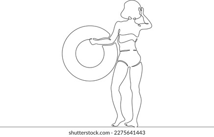 Una línea continua. Chica con un círculo inflable. Baño. Chica en la playa. Una mujer se baña con un anillo inflable. Una línea continua dibujada aislada, fondo blanco.
