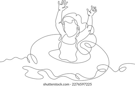 One continuous line. Girl with an inflatable circle. Bathing. Little girl on the beach. The child bathes with an inflatable ring. One continuous line drawn isolated, white background.