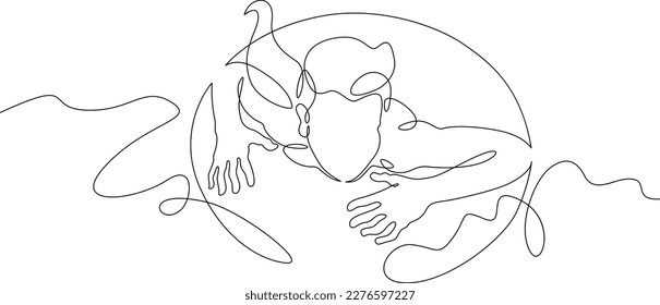 One continuous line. Girl with an inflatable circle. Bathing. Little girl on the beach. The child bathes with an inflatable ring. One continuous line drawn isolated, white background.