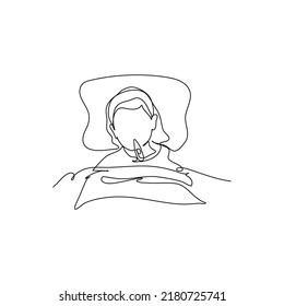 Una línea continua de una chica durmiendo por fiebre. Ilustración vectorial de estilo minimalista en fondo blanco.