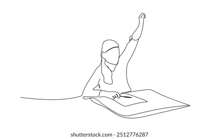 One continuous line of a girl student raises hand. Cute girl studies at school. Reading, education concept. Minimalist style vector illustration in white background.