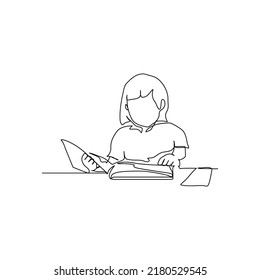 One continuous line of girl studying with reading a book. Minimalist style vector illustration in white background.