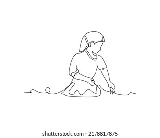 One continuous line of a girl taking care of plants. Vector illustration of minimalist style on a white background.