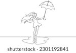 One continuous line. Girl under an umbrella. Young woman in the rain with an umbrella in her hand. Reflection in a puddle. One continuous line drawn isolated, white background.