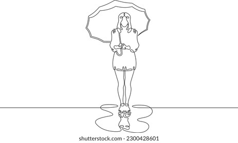 One continuous line. Girl under an umbrella. Young woman in the rain with an umbrella in her hand. Reflection in a puddle. One continuous line drawn isolated, white background.