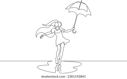 One continuous line. Girl under an umbrella. Young woman in the rain with an umbrella in her hand. Reflection in a puddle. One continuous line drawn isolated, white background.