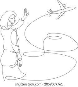 One Continuous Line.The Girl The Woman Sees Off The Taking Off The Plane. Seeing Off At The Airport. One Continuous Drawing Line Logo Isolated Minimal Illustration.