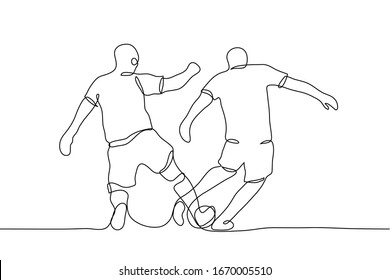 One continuous line The goalkeeper catches the ball in full growth. Vector drawing of a soccer player defending his goal from hitting the ball.