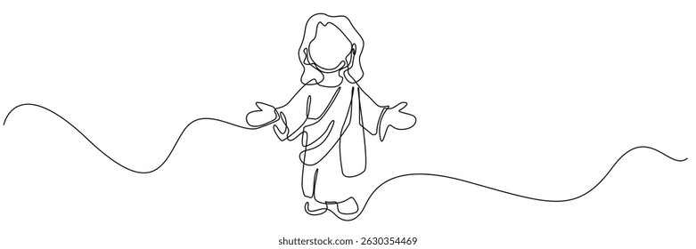 one continuous line of god jesus.single line cartoon jesus character opening hands.symbol sign of jesus giving help.vector illustration .eps 10