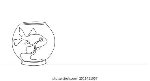 one continuous line gold fish inside round aquarium.one line drawing of pet gold fish.single line vector illustration.isolated white background