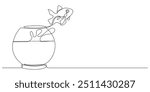 one continuous line goldfish jumping from aquarium.one line drawing of pet goldfish.single line vector illustration.isolated white background