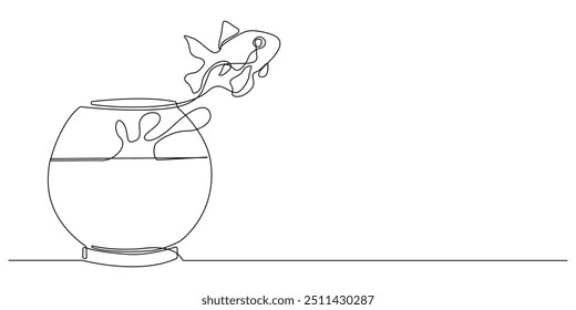 one continuous line goldfish jumping from aquarium.one line drawing of pet goldfish.single line vector illustration.isolated white background