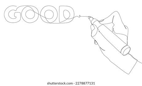 One continuous line of Good text written with a pencil, felt tip pen. Thin Line Illustration vector concept. Contour Drawing Creative ideas.