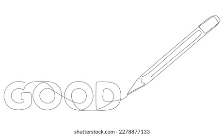 One continuous line of Good text written with a pencil, felt tip pen. Thin Line Illustration vector concept. Contour Drawing Creative ideas.