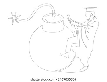 Eine durchgehende Linie von Graduati Mann und Bombe. In: Thin Line Illustration Vektorgrafik Concept. Konturzeichnung Kreative Ideen.