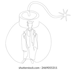 Una línea continua de Graduati hombre y bomba. Concepto de Vector de ilustración de línea delgada. Contour Drawing Ideas creativas.