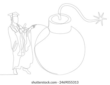 Una línea continua de Graduati hombre y bomba. Concepto de Vector de ilustración de línea delgada. Contour Drawing Ideas creativas.