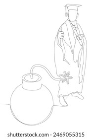 One continuous line of Graduati man and bomb. Thin Line Illustration vector concept. Contour Drawing Creative ideas.
