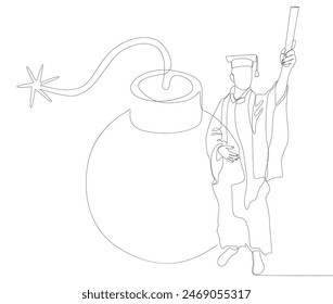 One continuous line of Graduati man and bomb. Thin Line Illustration vector concept. Contour Drawing Creative ideas.