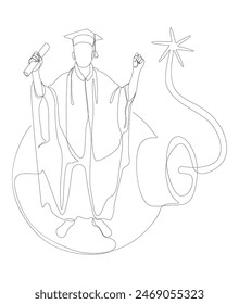 Una línea continua de Graduati hombre y bomba. Concepto de Vector de ilustración de línea delgada. Contour Drawing Ideas creativas.