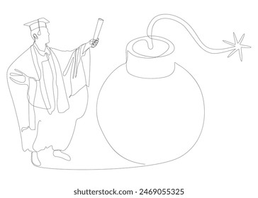 Eine durchgehende Linie von Graduati Mann und Bombe. In: Thin Line Illustration Vektorgrafik Concept. Konturzeichnung Kreative Ideen.