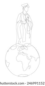 One continuous line of Graduati man with Earth Globe. Thin Line Illustration vector concept. Contour Drawing Creative ideas.