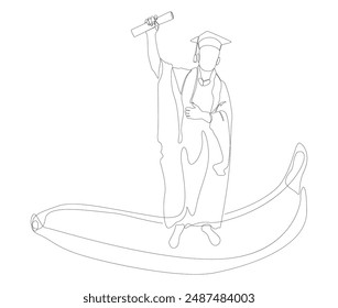One continuous line of Graduati man with banana. Thin Line Illustration vector concept. Contour Drawing Creative ideas.