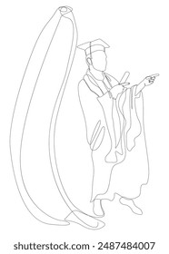 Una línea continua de Graduati hombre con plátano. Concepto de Vector de ilustración de línea delgada. Contour Drawing Ideas creativas.