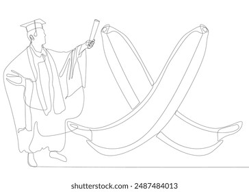 One continuous line of Graduati man with banana. Thin Line Illustration vector concept. Contour Drawing Creative ideas.