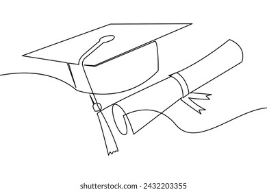 One continuous line of graduation caps. Simple line style of black mortar board hat line art vector illustration.