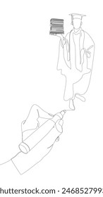 One continuous line of Graduation Man drawn by with felt tip pen. Thin Line Illustration vector concept. Contour Drawing Creative ideas.