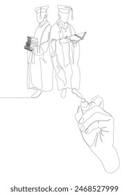 One continuous line of Graduation Man drawn by with felt tip pen. Thin Line Illustration vector concept. Contour Drawing Creative ideas.