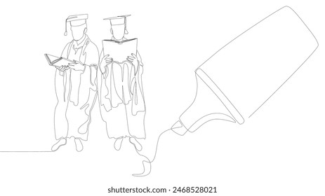 One continuous line of Graduation Man drawn by with felt tip pen. Thin Line Illustration vector concept. Contour Drawing Creative ideas.