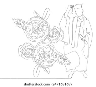 One continuous line of Graduation, man wearing Mortarboard with rose flowers. Thin Line Illustration vector concept. Contour Drawing Creative ideas.