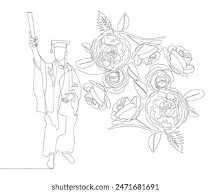 One continuous line of Graduation, man wearing Mortarboard with rose flowers. Thin Line Illustration vector concept. Contour Drawing Creative ideas.