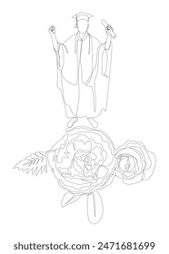 One continuous line of Graduation, man wearing Mortarboard with rose flowers. Thin Line Illustration vector concept. Contour Drawing Creative ideas.
