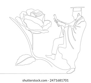 One continuous line of Graduation, man wearing Mortarboard with rose flowers. Thin Line Illustration vector concept. Contour Drawing Creative ideas.