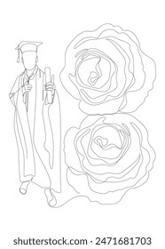 One continuous line of Graduation, man wearing Mortarboard with rose flowers. Thin Line Illustration vector concept. Contour Drawing Creative ideas.